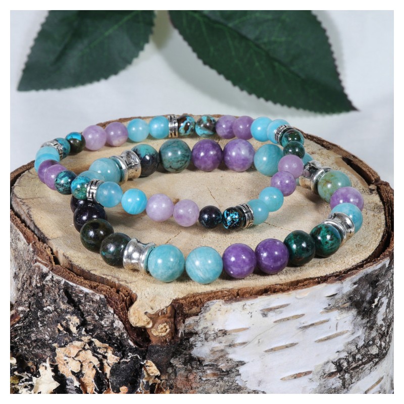 Bracelet Acier - Mal de Dos (Lépidolite, Amazonite et Chrysocolle)