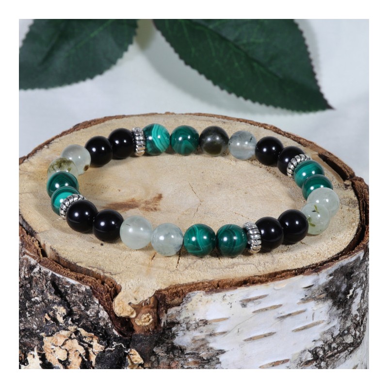 Bracelet Acier - Anti-inflammatoire (Obsidienne Noire, Malachite et Prehnite)