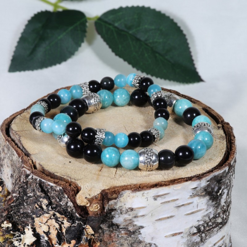Bracelet Acier - Peurs et Angoisses (Amazonite et Obsidienne Œil Céleste)