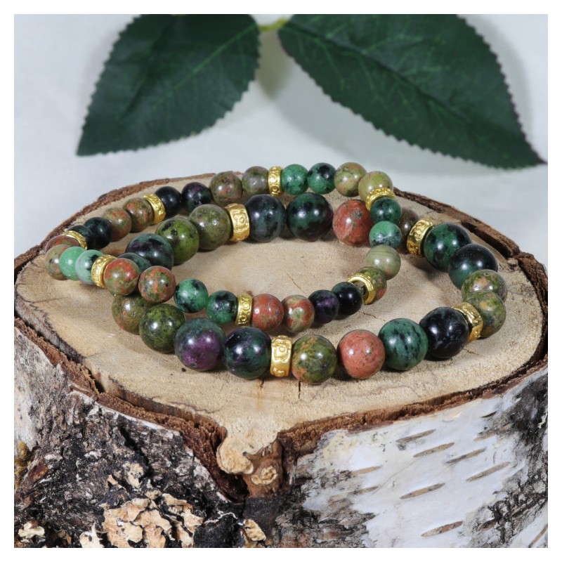 Bracelet Acier - Positivité et Estime de soi (Unakite et Zoïsite à Rubis)