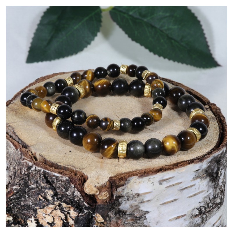 Bracelet Acier - Protection et Courage (Œil de Tigre et Obsidienne Dorée)