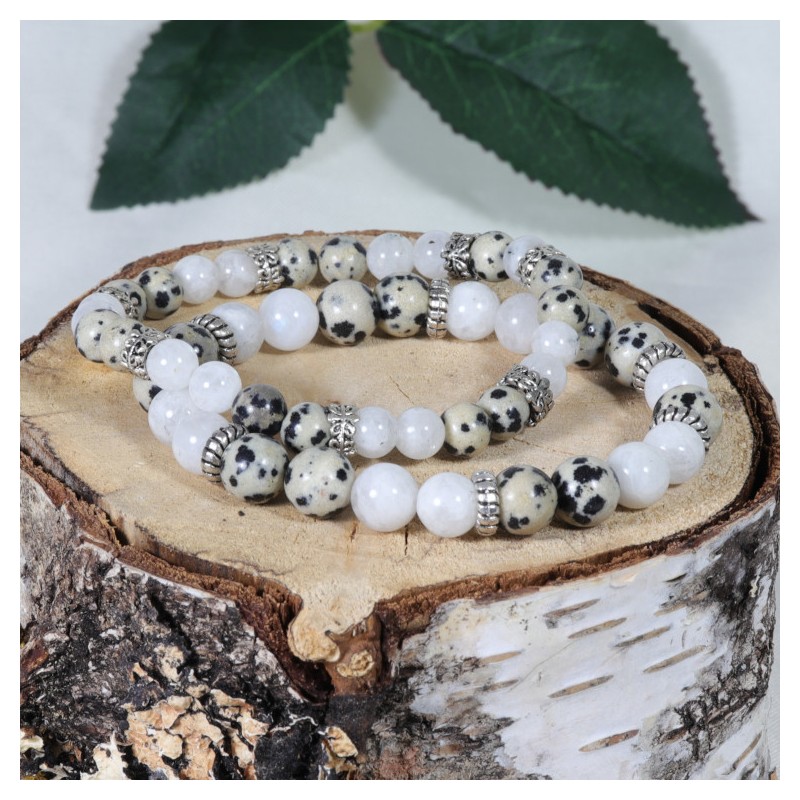 Bracelet Acier - Equilibre hormonal (Jaspe Dalmatien et Pierre de Lune)