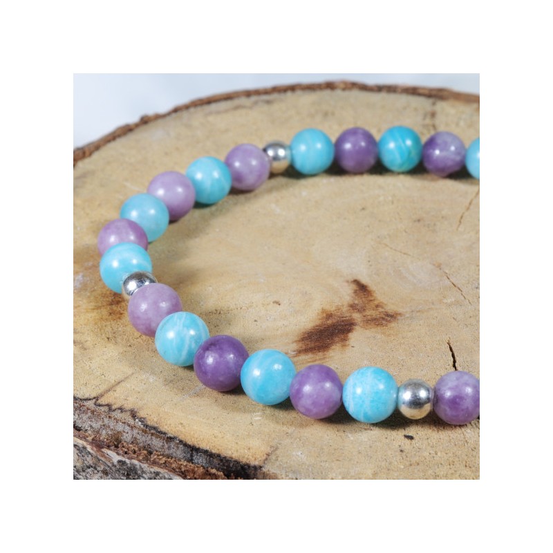 Bracelet Argent - Stress et peur (Lépidolite et Amazonite)