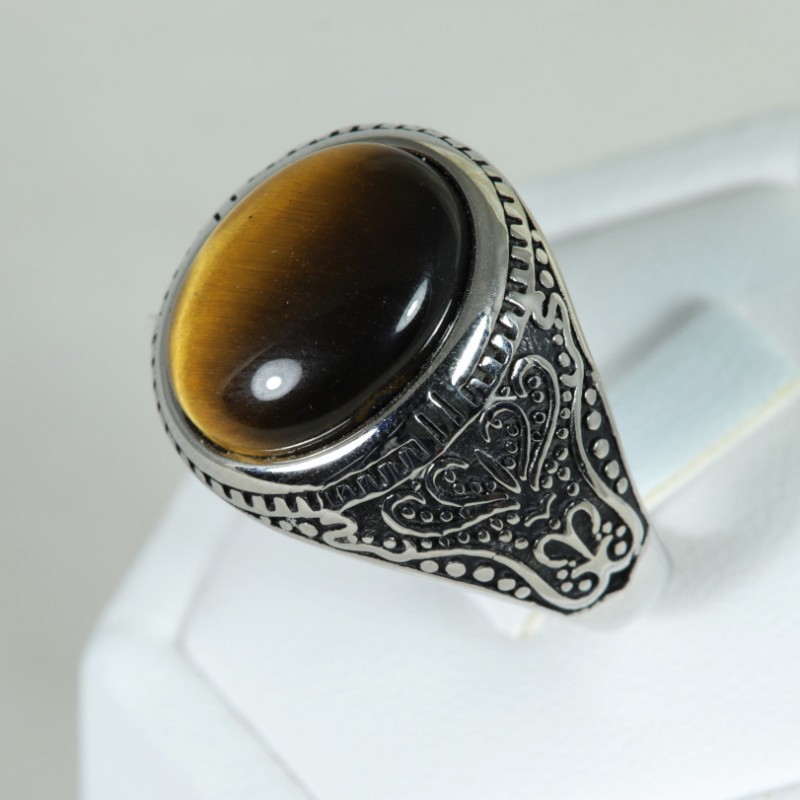 Chevalière acier cabochon - Œil de Tigre