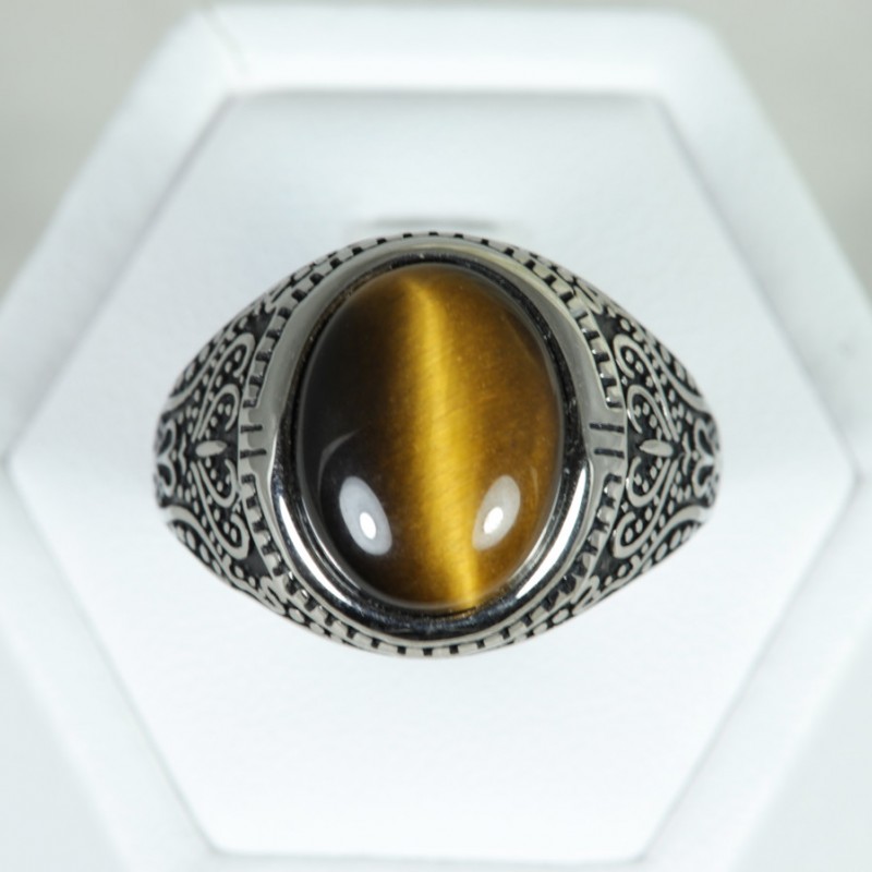Chevalière acier cabochon - Œil de Tigre