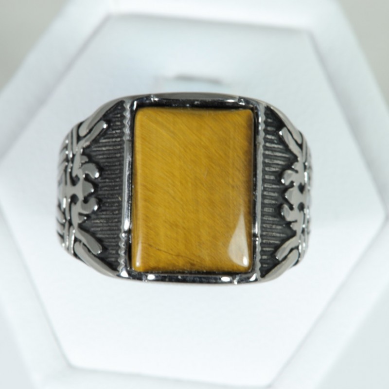 Chevalière acier rectangle plat - Œil de Tigre