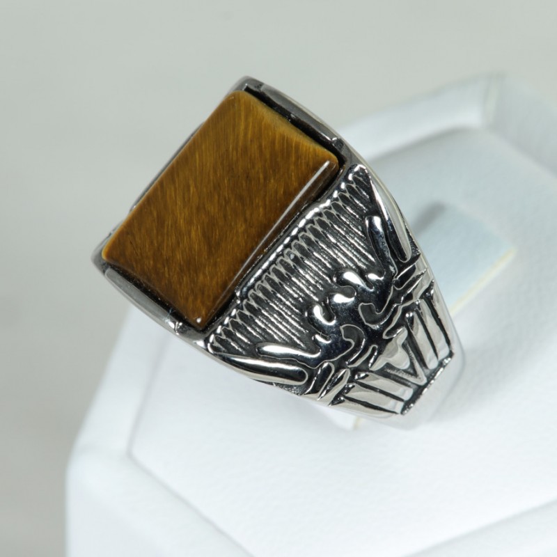 Chevalière acier rectangle plat - Œil de Tigre