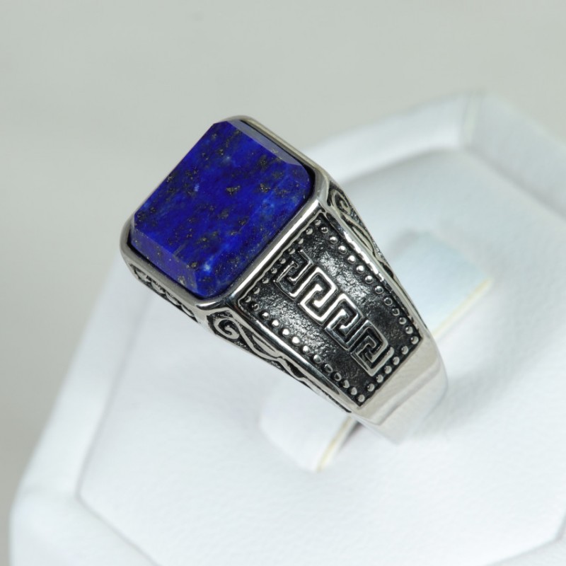 Chevalière acier rectangle plat - Lapis Lazuli
