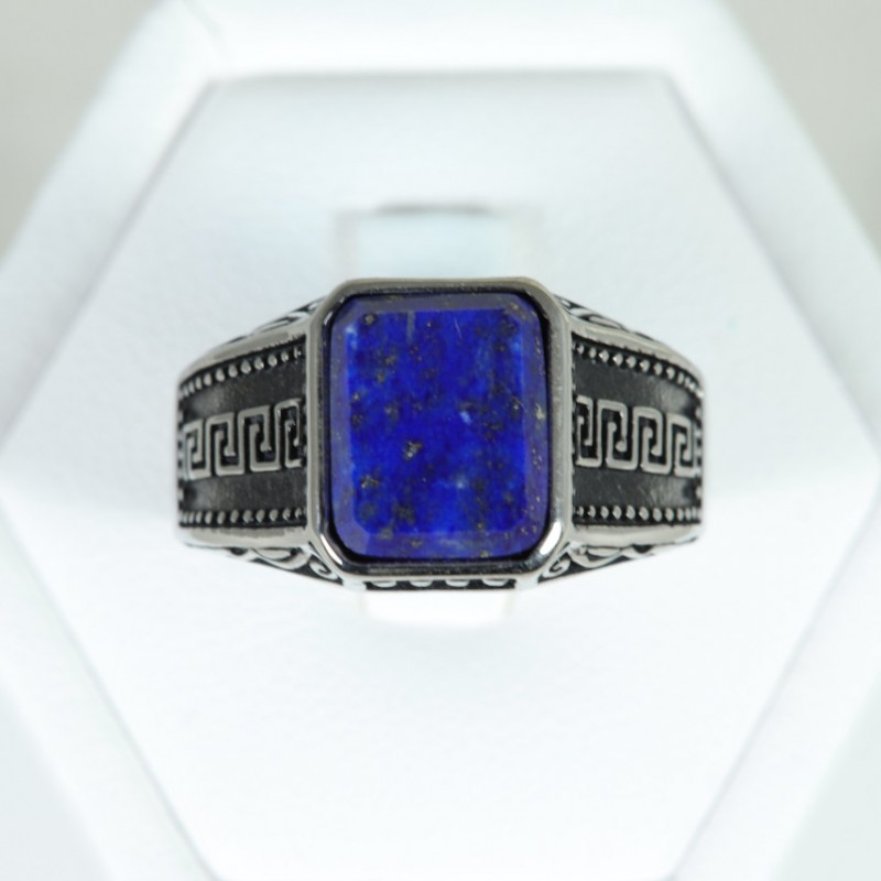 Chevalière acier rectangle plat - Lapis Lazuli
