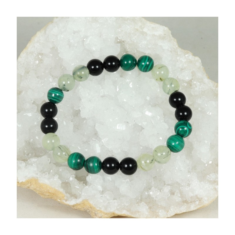 Bracelet - Obsidienne Noire, Malachite et Prehnite