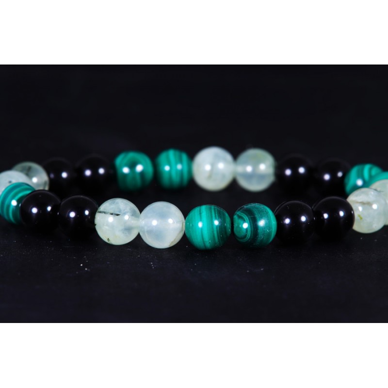 Bracelet - Obsidienne Noire, Malachite et Prehnite