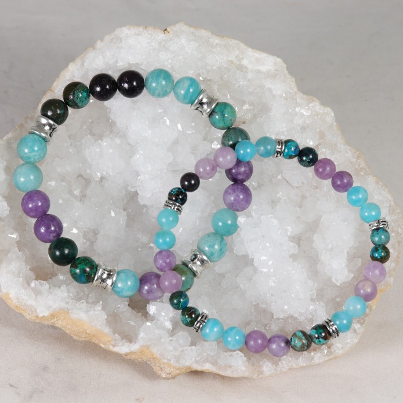 Bracelet Acier - Mal de Dos (Lépidolite, Amazonite et Chrysocolle)