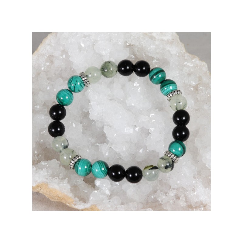 Bracelet Acier - Anti-inflammatoire (Obsidienne Noire, Malachite et Prehnite)