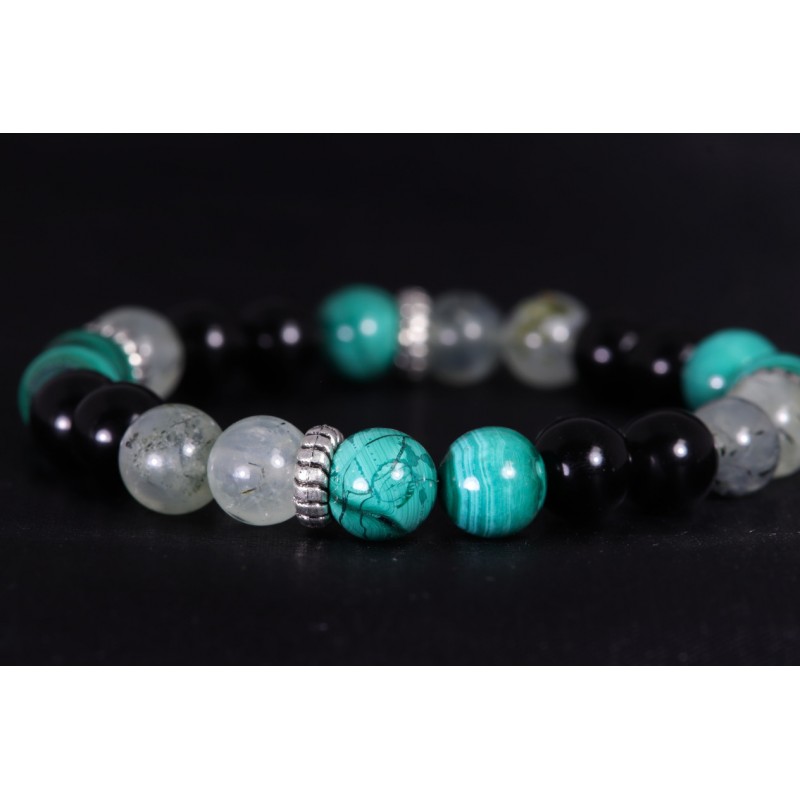 Bracelet Acier - Anti-inflammatoire (Obsidienne Noire, Malachite et Prehnite)