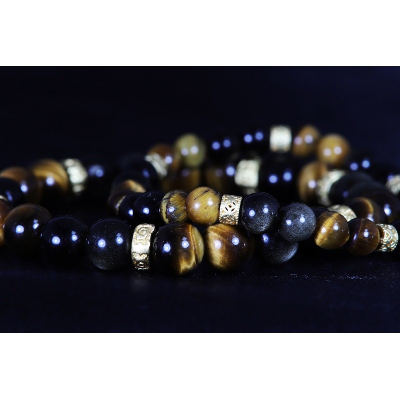 Bracelet Acier - Protection et Courage (Œil de Tigre et Obsidienne Dorée)