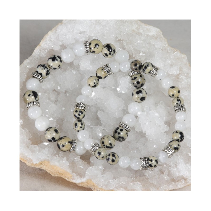 Bracelet Acier - Equilibre hormonal (Jaspe Dalmatien et Pierre de Lune)