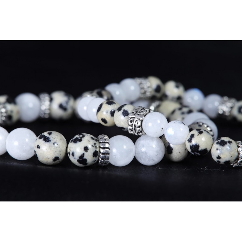 Bracelet Acier - Equilibre hormonal (Jaspe Dalmatien et Pierre de Lune)