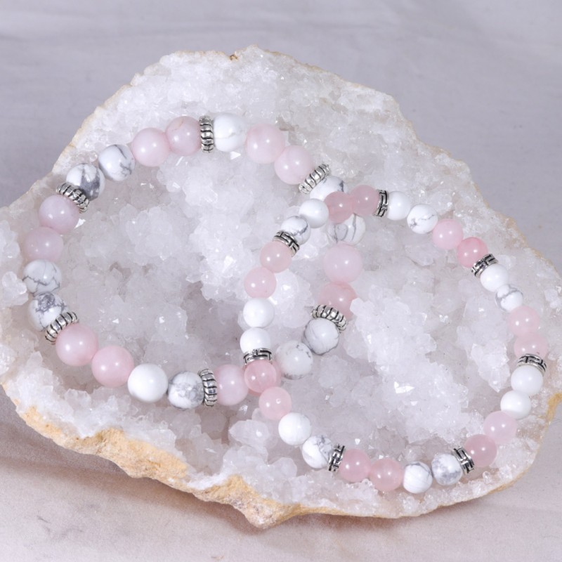 Bracelet Acier - Contrôle des Emotions (Quartz Rose et Howlite)