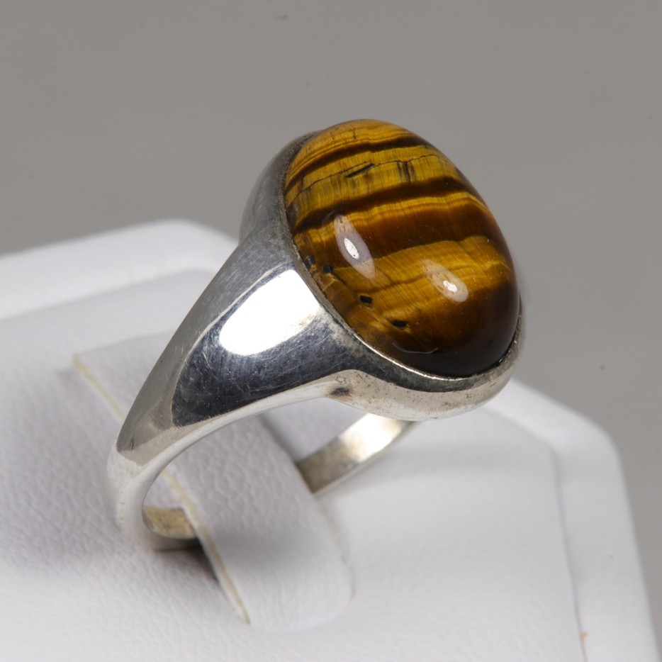Bague Ancienne En Argent Massif 925 - Pierre Œil De Tigre - Taille 50.5 - Style Vintage En Très Bon état